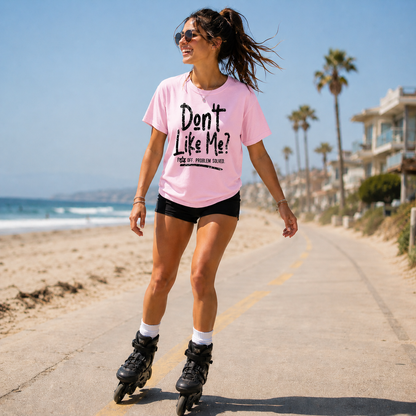 Woman wearing a blossom t-shirt with the text Don't like me? F off..problem solved