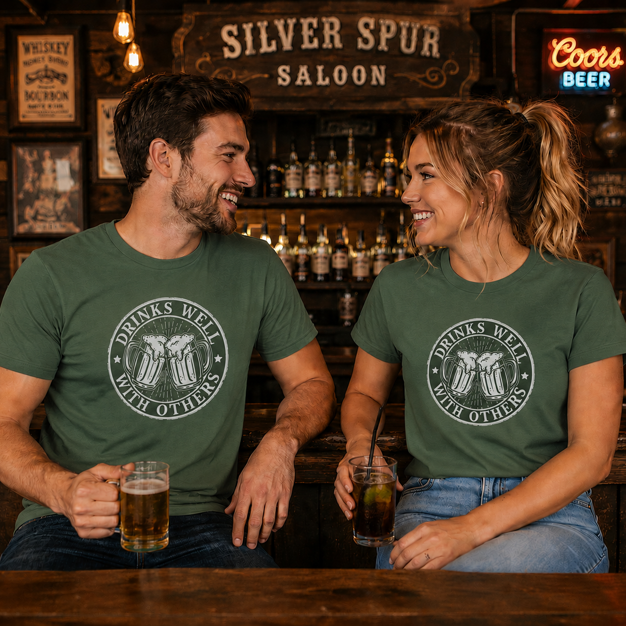 Two people sitting at a bar wearing matching military green t-shirts with a logo and text, holding drinks.