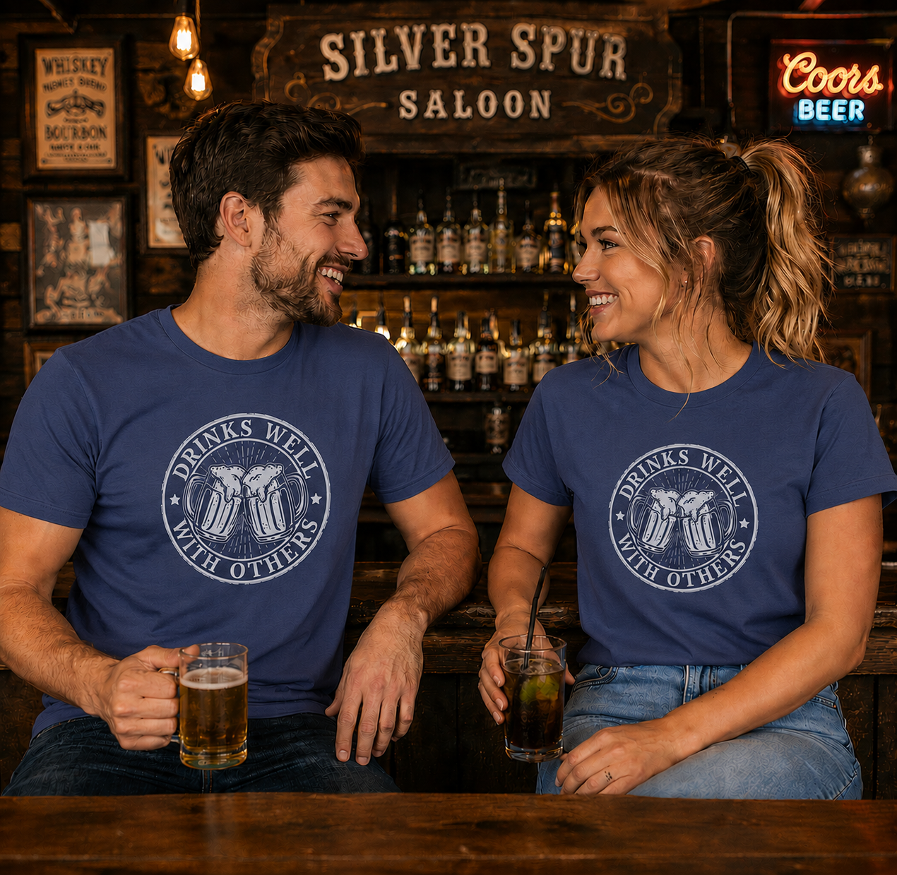 Two people sitting at a bar wearing matching purplr t-shirts with a logo and text, holding drinks.