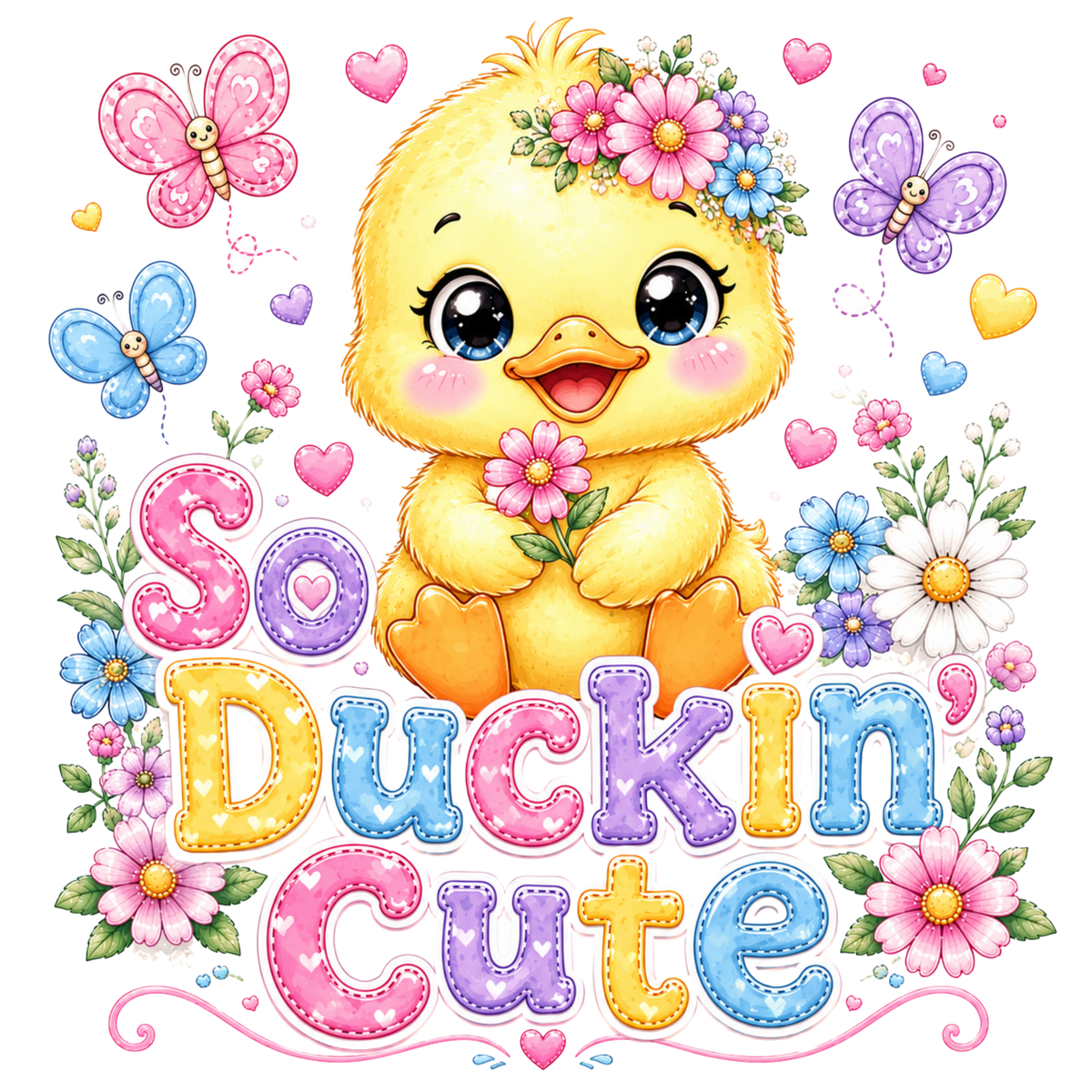 A colorful digital graphic featuring a cute yellow cartoon duckling surrounded by flowers, butterflies, hearts, and the phrase 'So Duckin Cute' in decorative stitched letters.