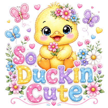 A colorful digital graphic featuring a cute yellow cartoon duckling surrounded by flowers, butterflies, hearts, and the phrase 'So Duckin Cute' in decorative stitched letters.