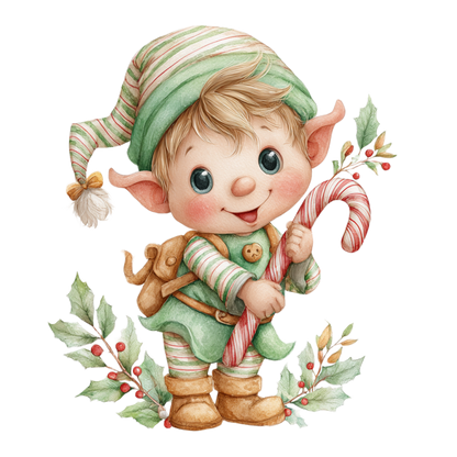 Christmas elf graphic on the chest, styled in a flat lay on a rustic wooden surface with holiday decorations including a red plaid blanket, pine branches, ornaments, and a snowflake.