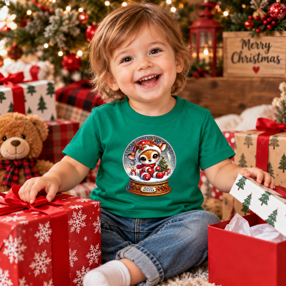 A smiling toddler sits surrounded by Christmas presents and decorations, wearing a green short-sleeve T-shirt with a circular snow globe graphic featuring a red fox and the words 'Winter Wonderland'.