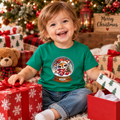 A smiling toddler sits surrounded by Christmas presents and decorations, wearing a green short-sleeve T-shirt with a circular snow globe graphic featuring a red fox and the words 'Winter Wonderland'.