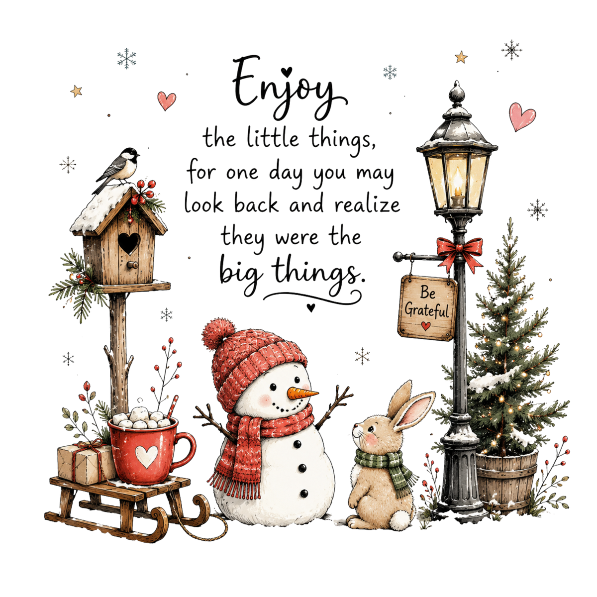 Enjoy the Little Things Snowman, Birdhouse, Bunny