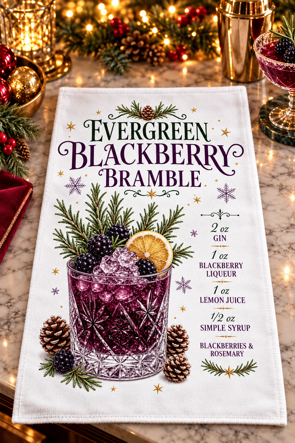 A white kitchen towel printed with a festive Christmas-themed cocktail recipe for 'Evergreen Blackberry Bramble'. The towel features a graphic design of a glass filled with purple-blackberry drink, garnished with berries, rosemary, and a lemon slice, surrounded by pinecones and evergreen branches.