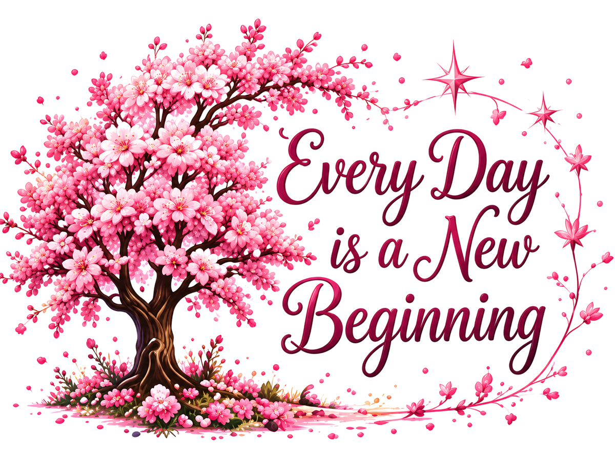 A pink cherry blossom tree illustration with the phrase 'Every Day is a New Beginning' in dark burgundy script, set on a plain white background.