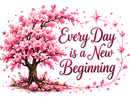 A pink cherry blossom tree illustration with the phrase 'Every Day is a New Beginning' in dark burgundy script, set on a plain white background.