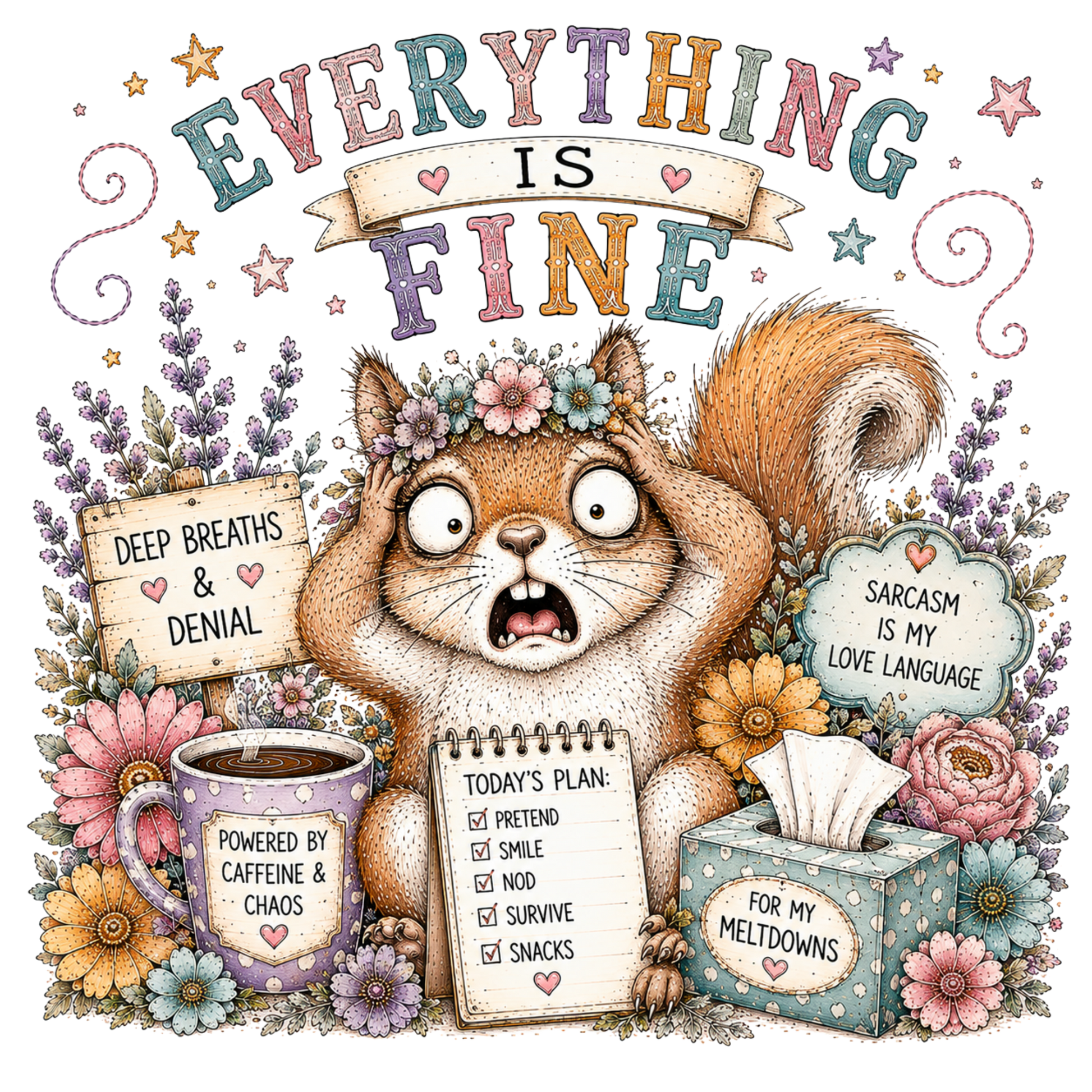 A graphic t-shirt featuring a surprised squirrel surrounded by flowers and text quotes including 'EVERYTHING IS FINE,' 'DEEP BREATHS & DENIAL,' 'SARCASM IS MY LOVE LANGUAGE,' 'TODAY'S PLAN,' and 'FOR MY MELTDOWNS.'.