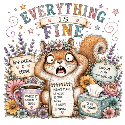 A graphic t-shirt featuring a surprised squirrel surrounded by flowers and text quotes including 'EVERYTHING IS FINE,' 'DEEP BREATHS & DENIAL,' 'SARCASM IS MY LOVE LANGUAGE,' 'TODAY'S PLAN,' and 'FOR MY MELTDOWNS.'.