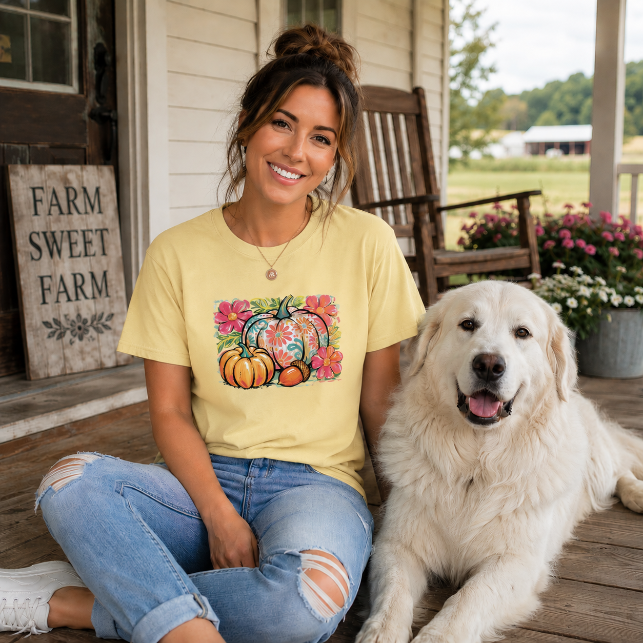 Women wearing a butter colored t-shirt with a floral pumpkin graphic design