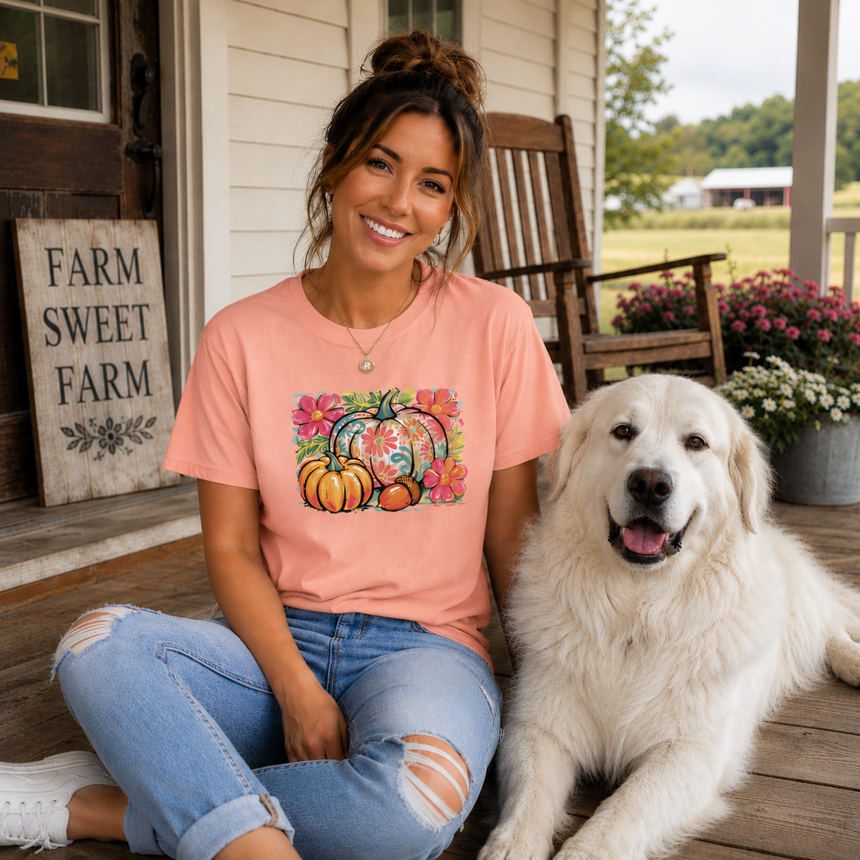 Women wearing a peachy colored t-shirt with a floral pumpkin graphic design