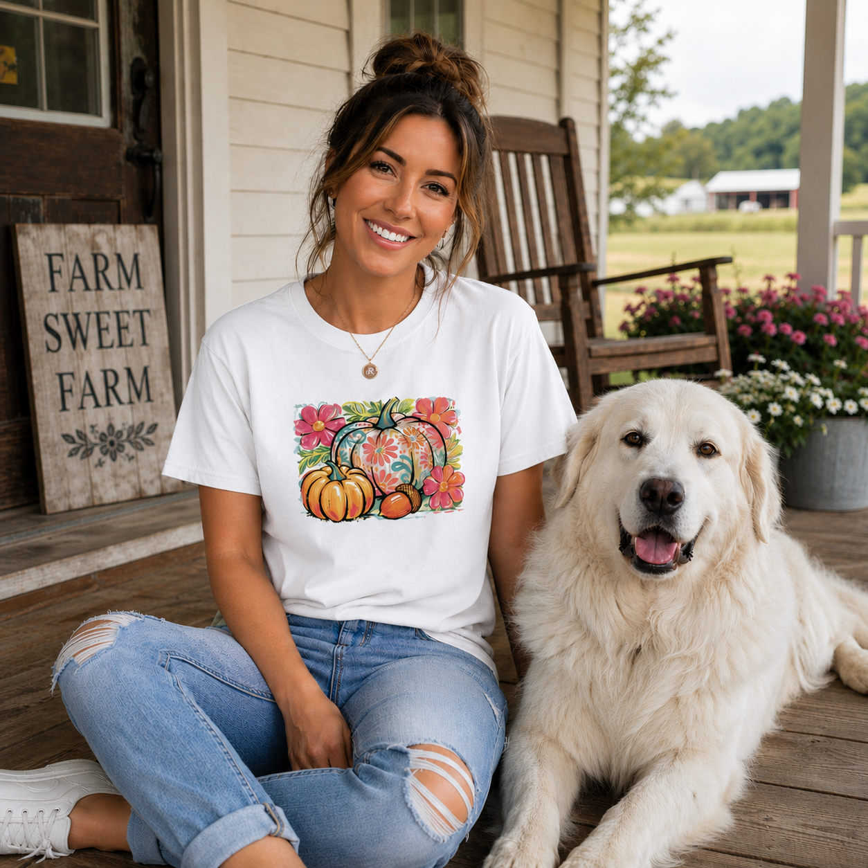 Women wearing a white colored t-shirt with a floral pumpkin graphic design