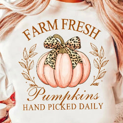 Cozy fall sweatshirt with “Farm Fresh Pumpkins – Hand Picked Daily” graphic, perfect for autumn outings and pumpkin patch visits.