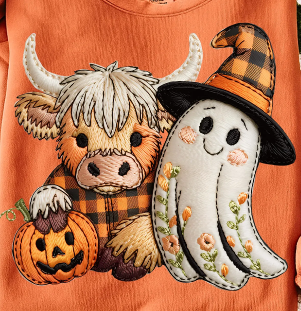 Embroidered patch of a cow with a pumpkin and a ghost wearing a witch hat on an orange background