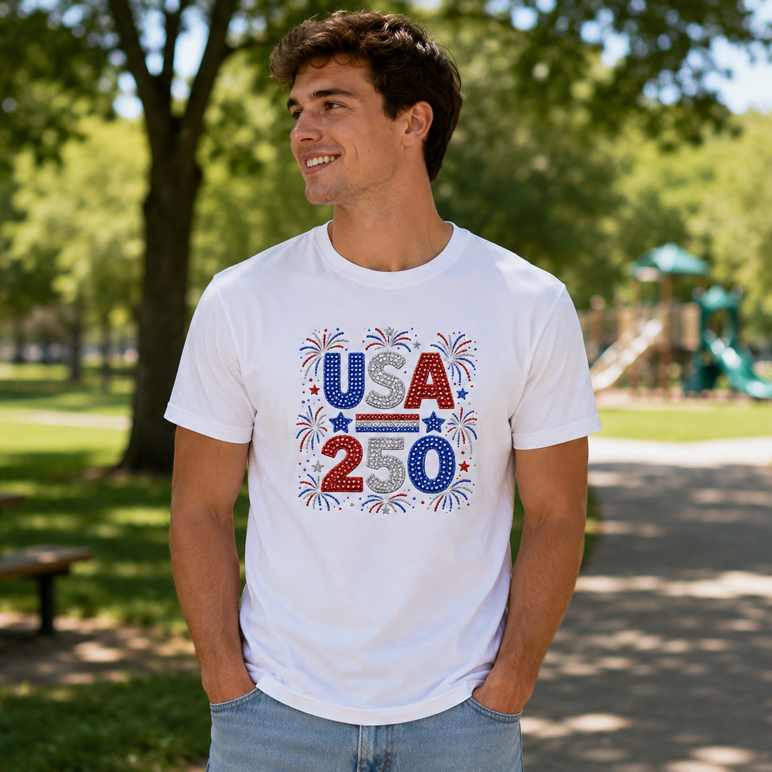 Man wearing a white t-shirt with 'USA 250' design in a park