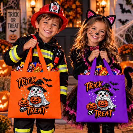 Two children dressed in Halloween costumes holding orange and purple 'Trick or Treat' bags filled with candy, posed in a festive pumpkin-lit outdoor setting.