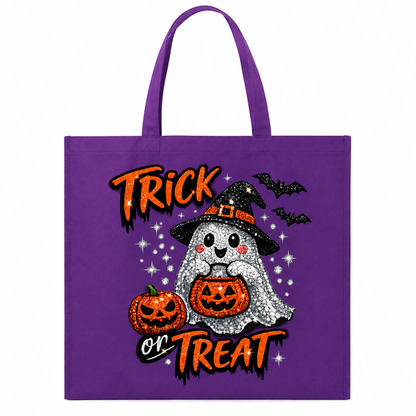 A purple canvas tote bag with a Halloween graphic featuring the text 'Trick or Treat', a glittery ghost holding jack-o'-lanterns, black bats, and white stars.