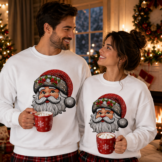 A man and a woman wearing matching white Christmas sweatshirts with a large Santa face graphic, standing in a cozy holiday living room and holding red mugs.