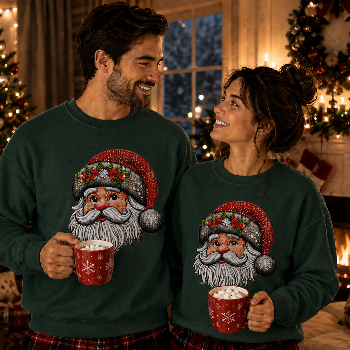 A man and a woman wearing matching dark green Christmas sweaters with a large Santa face graphic on the front, standing in a cozy holiday living room with a fireplace, decorated trees, and stockings.