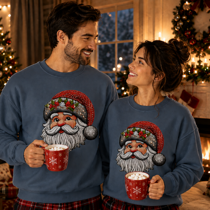 A man and a woman wearing matching slate blue crewneck sweatshirts with a large Santa Claus graphic on the front, standing in a cozy, warmly lit Christmas living room and holding red holiday mugs.