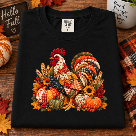 A black Comfort Colors crewneck sweatshirt laid flat on a rustic wooden surface, featuring a colorful autumn-themed graphic of a rooster surrounded by pumpkins, sunflowers, and fall leaves. The sweatshirt is styled with seasonal props including a small pumpkin, a plaid blanket, and a sign that reads 'Hello Fall'.
