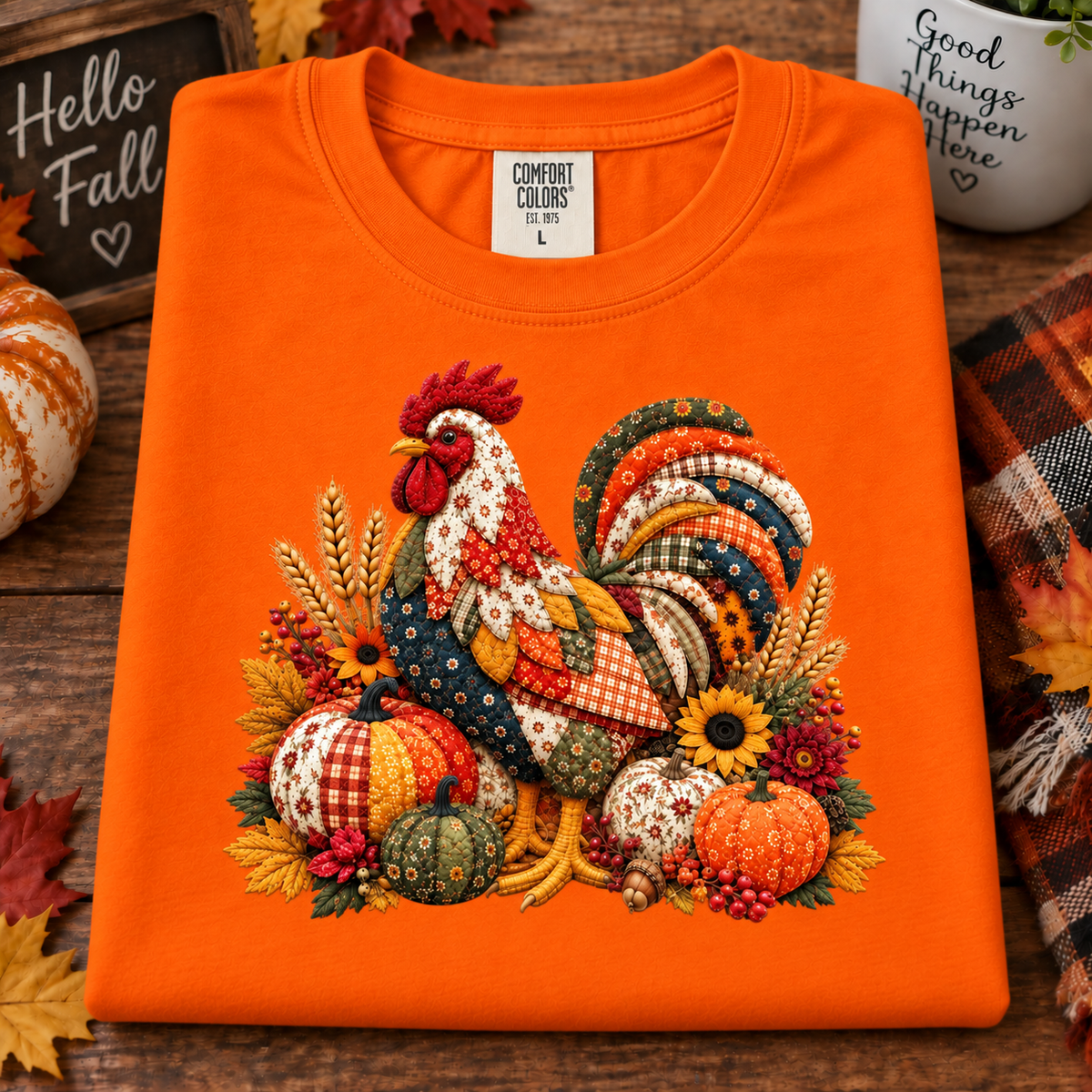 An burnt orange Comfort Colors t-shirt is laid flat on a rustic wooden surface, decorated with a large, colorful autumn-themed patchwork rooster and pumpkin graphic. The shirt is styled with seasonal props including a 'Hello Fall' sign, a plaid blanket, and a mug.