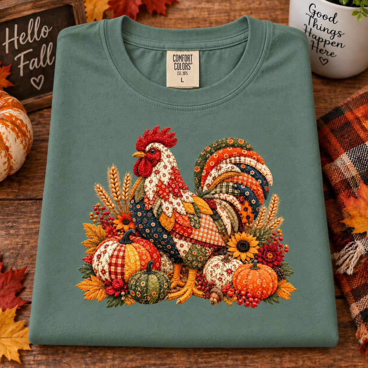 A folded light green Comfort Colors t-shirt with a colorful autumn-themed graphic of a rooster and pumpkins, styled on a wooden surface with fall decorations.
