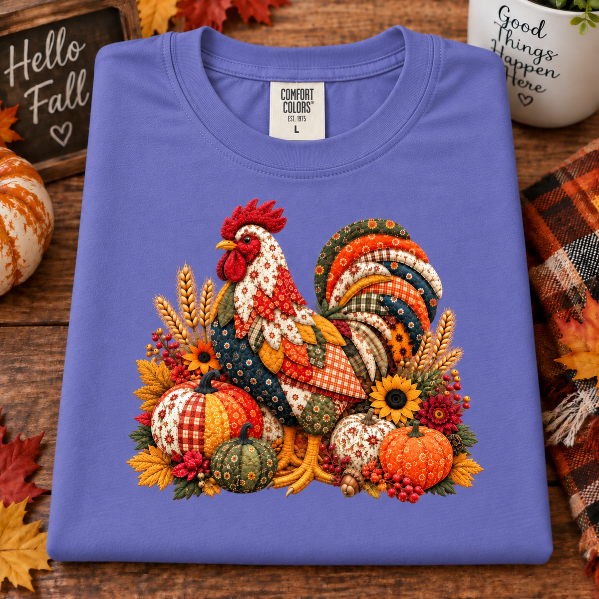 A folded violet t-shirt with a colorful autumn-themed rooster and pumpkins graphic, displayed on a rustic wooden table with seasonal props.
