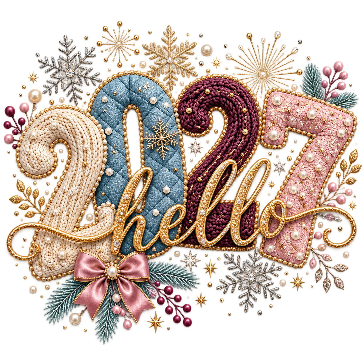 A festive decorative graphic reading “2027 hello” in large stylized numbers and script, surrounded by snowflakes, stars, pearls, berries, evergreen branches, and a pink bow on a plain white background.