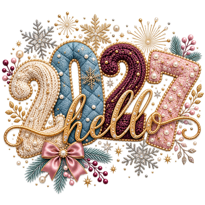 A festive decorative graphic reading “2027 hello” in large stylized numbers and script, surrounded by snowflakes, stars, pearls, berries, evergreen branches, and a pink bow on a plain white background.