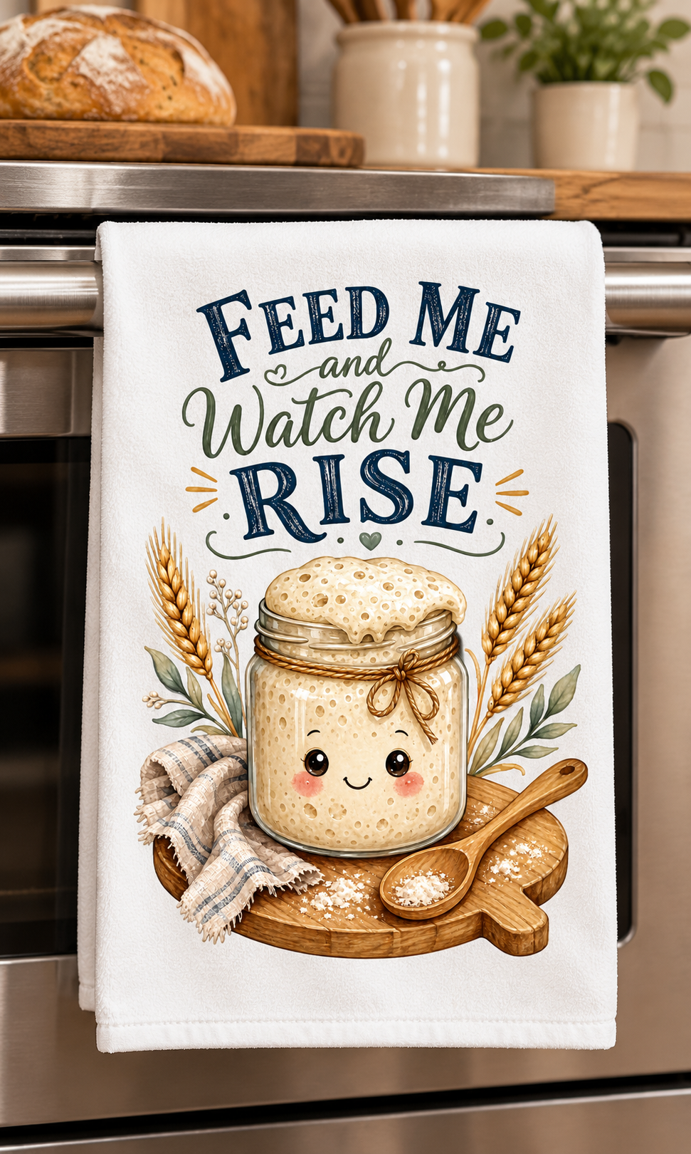 A white kitchen towel hanging on a stainless steel oven handle, featuring a  graphic design of a smiling flour jar with wheat ears, a wooden spoon, and the phrase “FEED ME and Watch Me RISE” in dark blue and green lettering.