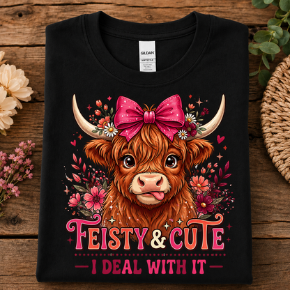 A black Gildan t-shirt laid flat on a rustic wooden surface, featuring a colorful graphic of a Scottish Highland cow with a pink bow and flowers, with the text 'FEISTY & KUTE - I DEAL WITH IT'.