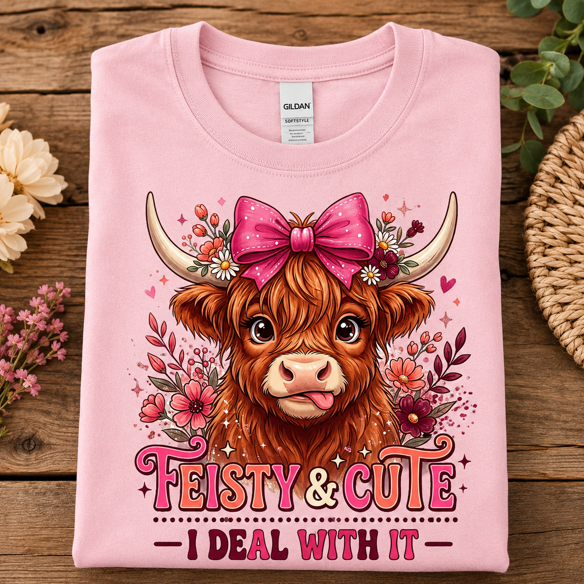 A folded light pink Gildan t-shirt with a graphic of a cute Highland cow, displayed on a rustic wooden background with decorative flowers.