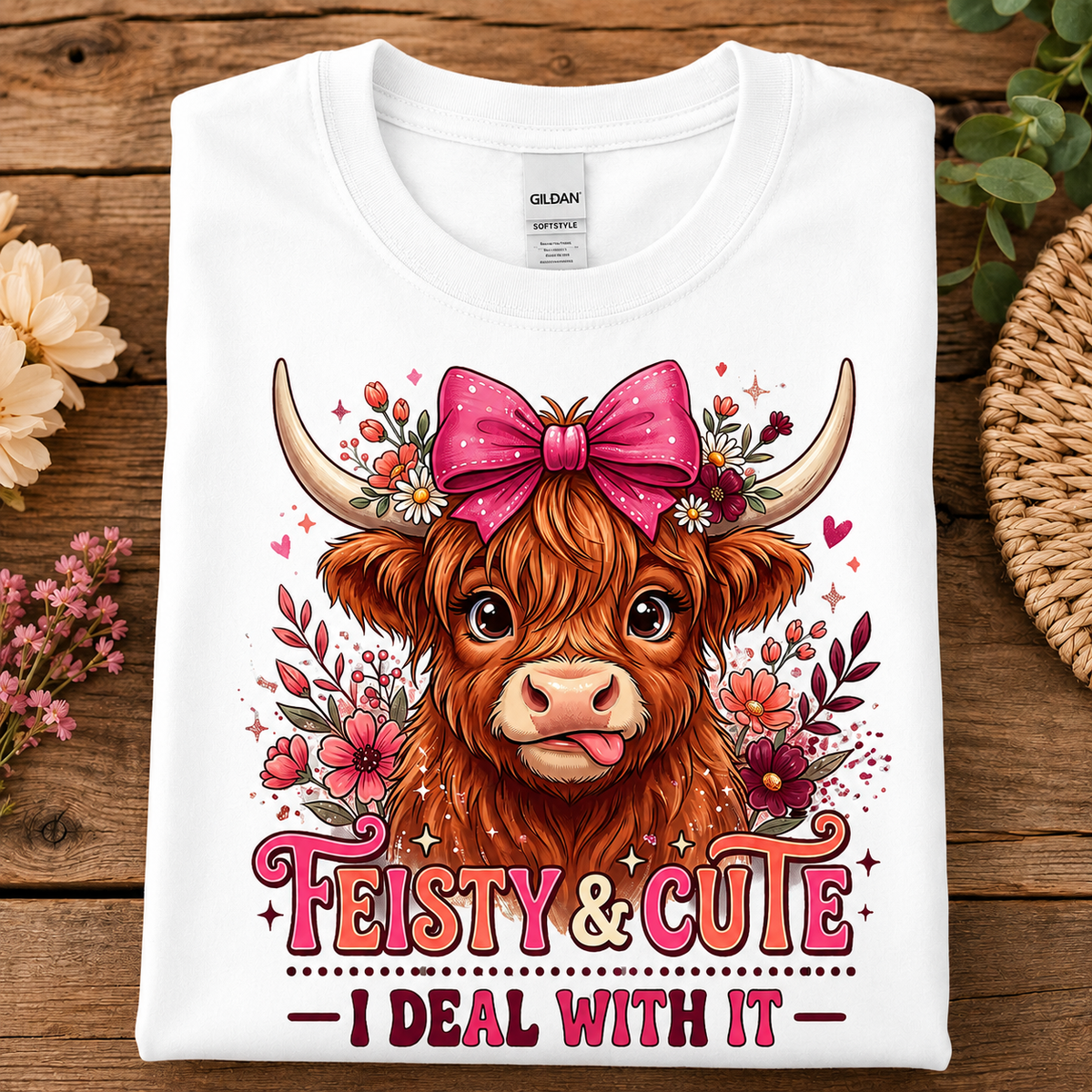 A folded white Gildan t-shirt displayed flat on a rustic wooden surface, featuring a colorful graphic of a cute Highland cow with a pink bow and the text 'Feisty & Cute - I DEAL WITH IT'.
