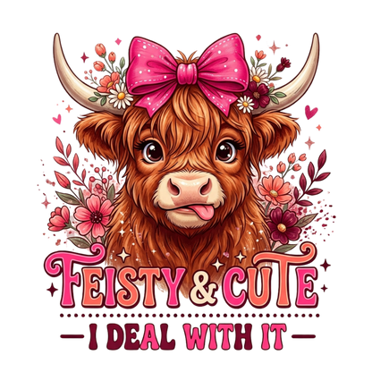 A stylized cartoon highland cow with large horns, a bright pink bow, and floral accents above the text 'Feisty & Cute - I Deal With It' on a plain white background.