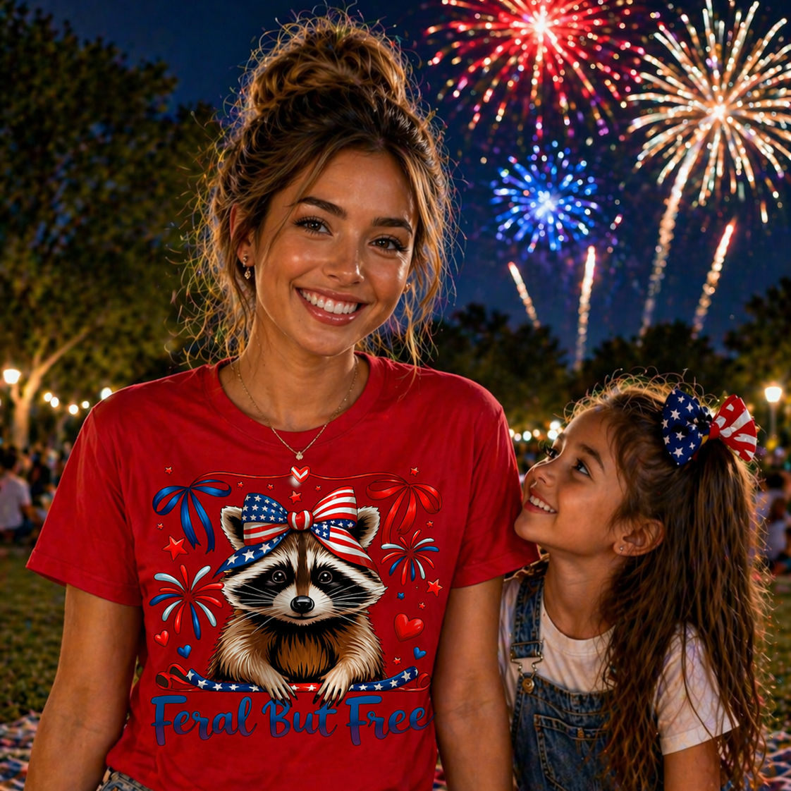 Woman wearing a patriotic graphic tee with a raccoon on a red shirt and child sitting together with fireworks in the background
