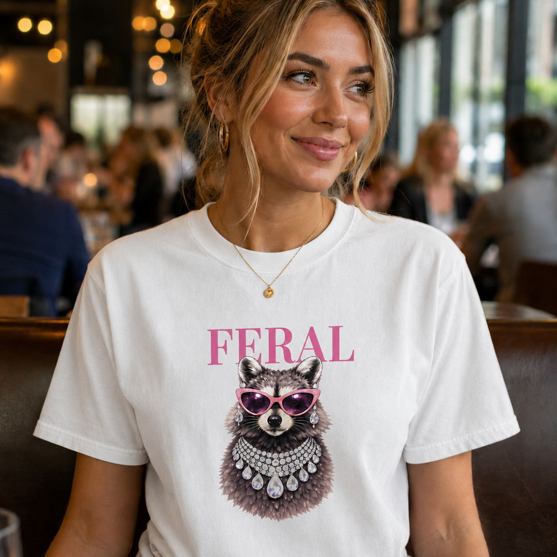 Woman wearing a white t-shirt with text FERAL with a raccoon with sunglasses