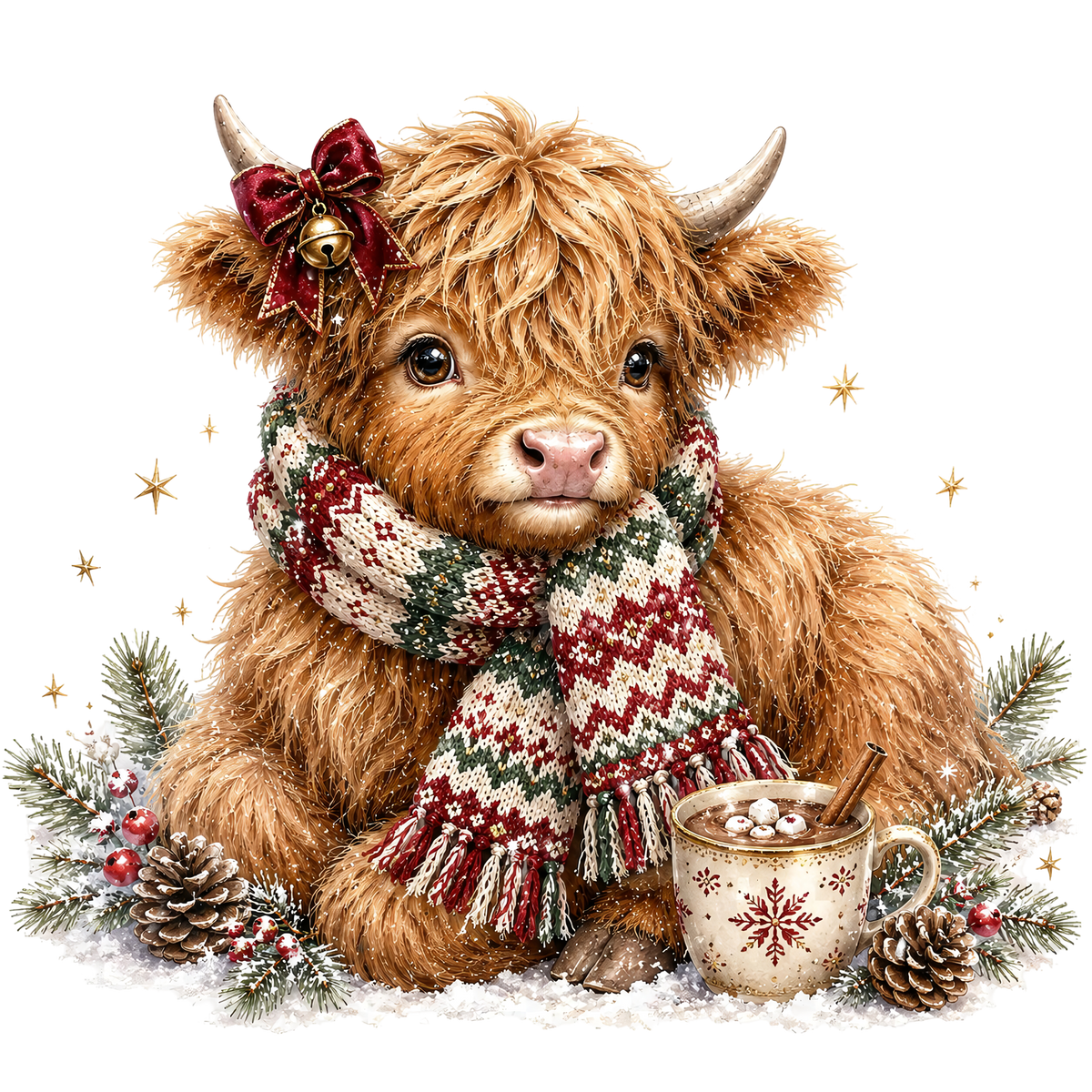 A fluffy Highland cow illustration wrapped in a red, green, and cream knit scarf, sitting in snow with pine branches, pinecones, a small decorated mug, and a hot cocoa stick on a white background.