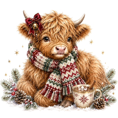 A fluffy Highland cow illustration wrapped in a red, green, and cream knit scarf, sitting in snow with pine branches, pinecones, a small decorated mug, and a hot cocoa stick on a white background.
