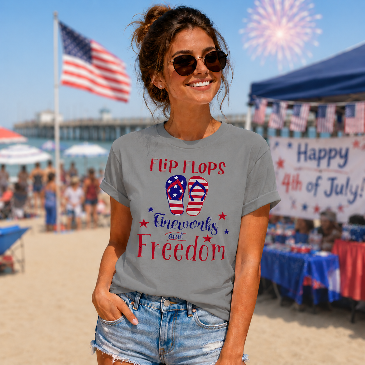 Flip Flops, Fireworks & Freedom – Patriotic Graphic Tee