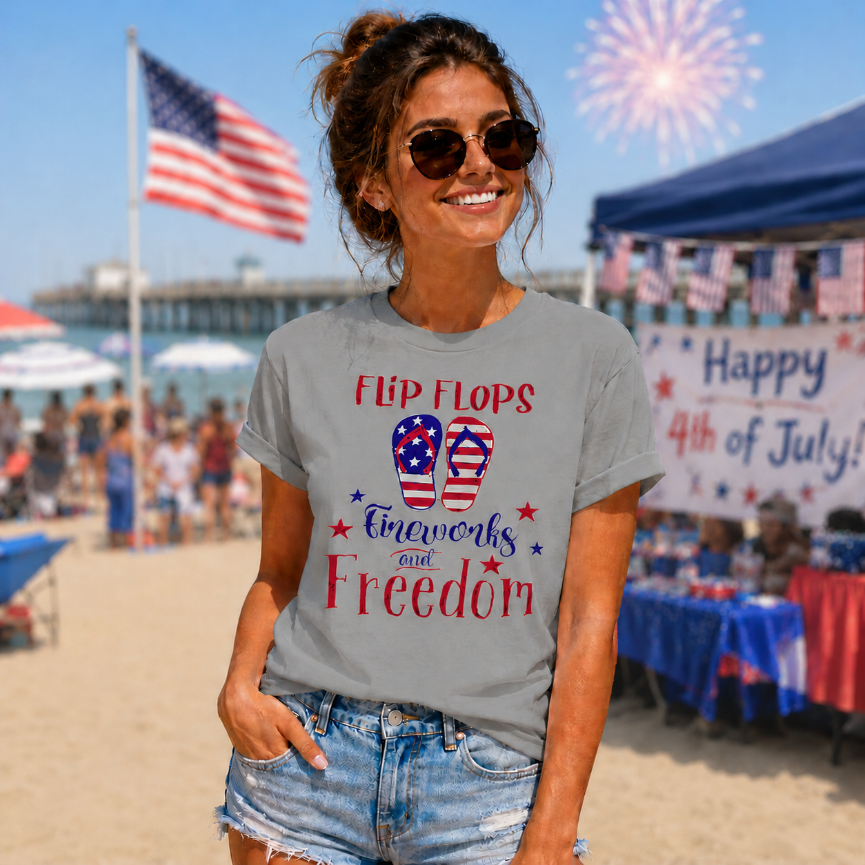 Woman wearing a 'Happy 4th of July!' sport grey t-shirt on a beach with fireworks and American flags in the background.