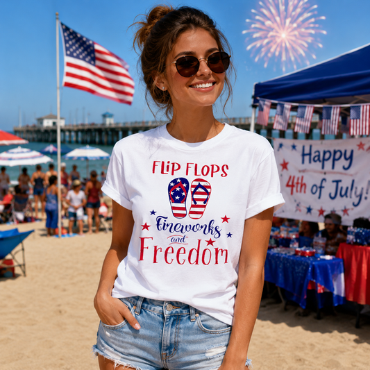 Woman wearing a 'Happy 4th of July!' white t-shirt on a beach with fireworks and American flags in the background.