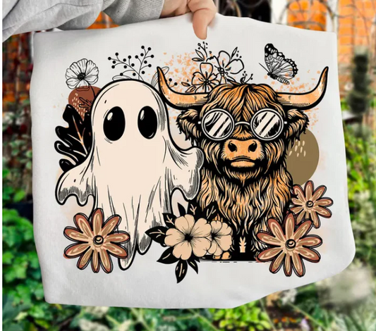 Floral Fall Highland Cow w/Ghost - Graphic Sweatshirt