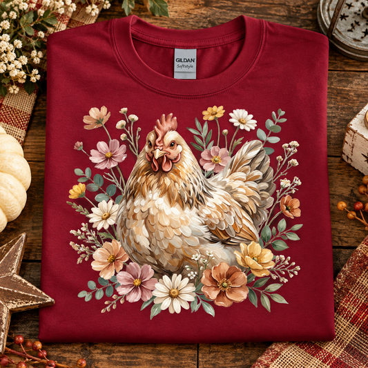 A folded Gildan Straightforward t-shirt in deep red, featuring a detailed graphic of a brown and white hen surrounded by colorful autumn flowers and green leaves. The shirt is styled in a rustic flat-lay setting on a wooden surface with seasonal props like a small pumpkin, a star, and a plaid cloth.