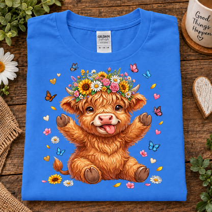 A folded heather royal blue Gildan t-shirt with a cute cartoon Highland cow graphic, displayed on a rustic wooden surface with decorative props.
