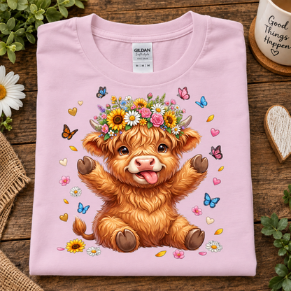 A folded light pink Gildan t-shirt with a cute cartoon Highland cow graphic, displayed on a rustic wooden surface with decorative props.