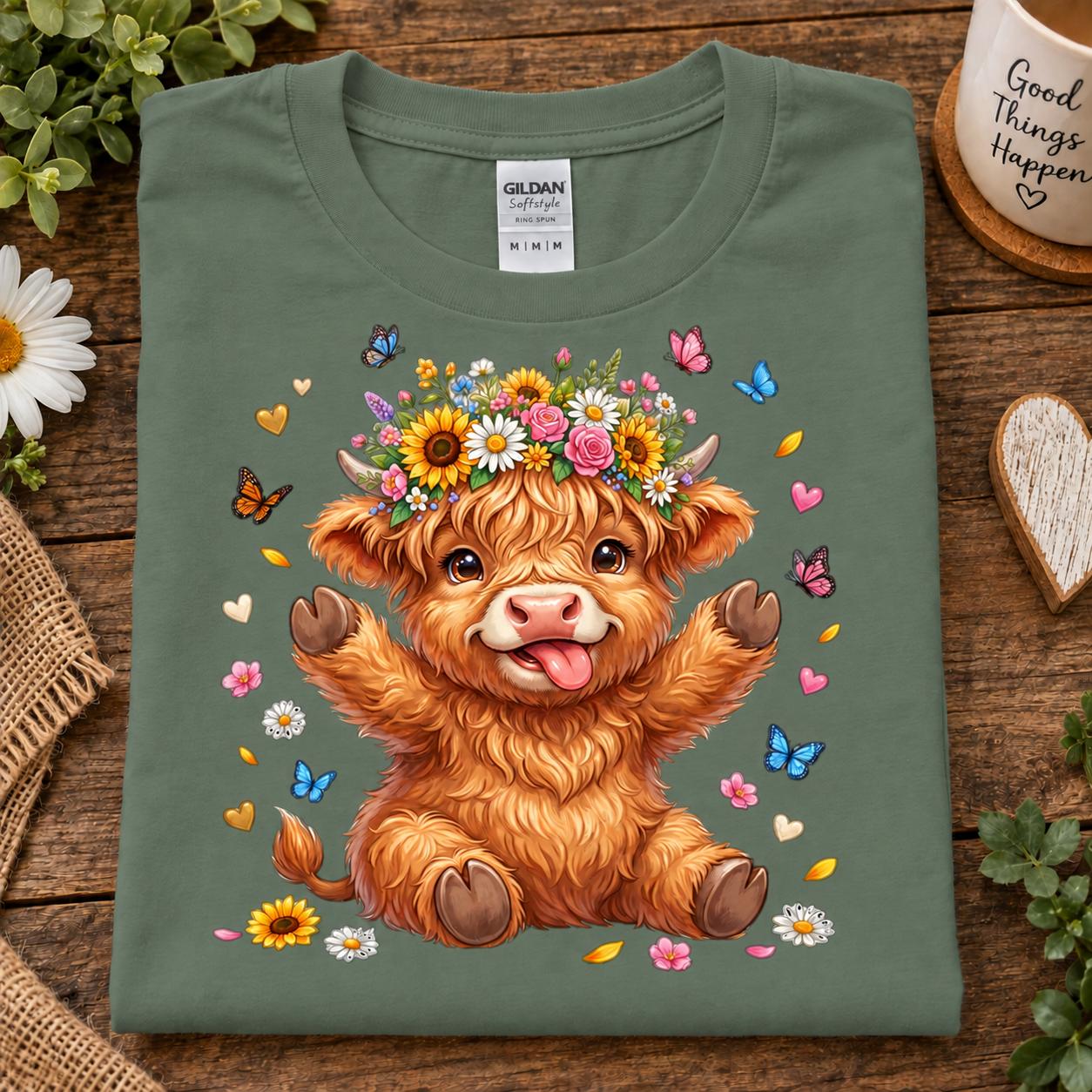 A folded military green Gildan t-shirt with a cute cartoon Highland cow graphic, displayed on a rustic wooden surface with decorative props.
