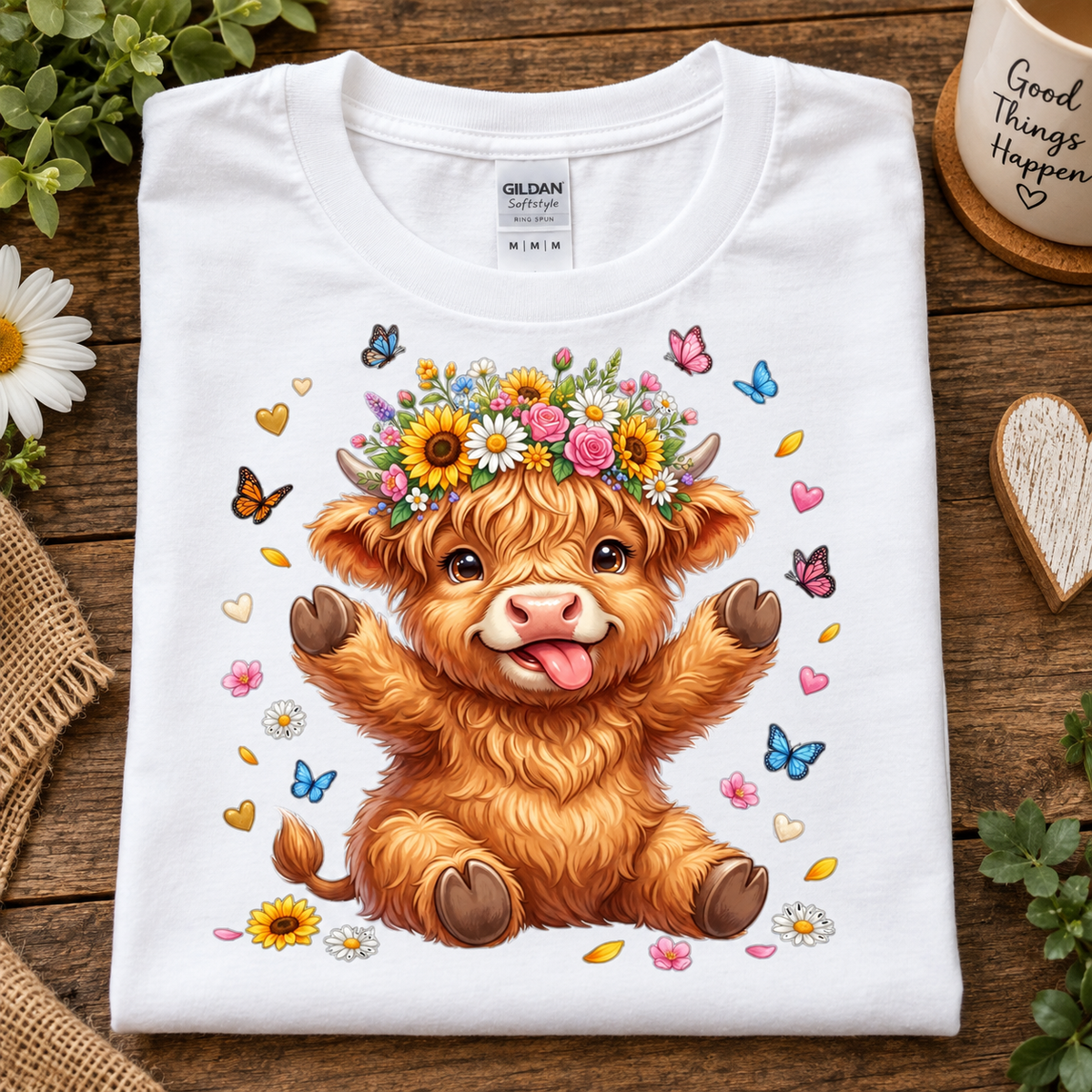 A folded white Gildan t-shirt displayed on a rustic wooden surface, featuring a colorful graphic of a fluffy brown Highland cow wearing a vibrant flower crown with sunflowers, daisies, and pink blossoms, surrounded by butterflies and hearts.