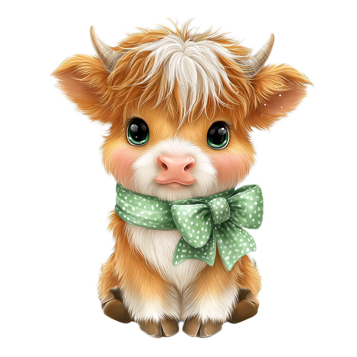Fluffy Highland Cow with Green Polka Dot Bow (Onesie)